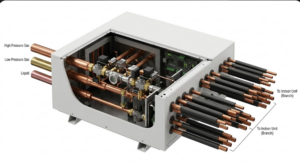 Главный узел 3-х трубной системы VRF (HR). Этот блок обеспечивает одновременную работу внутренних блоков на охлаждение и обогрев в разных помещениях, перераспределяя тепловую энергию. Значительно снижает эксплуатационные расходы офисов и гостиниц.