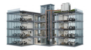 Архитектурная взрыв-схема современного 5-этажного здания. Показывает, как одна мощная система VRF (Multi V) обеспечивает независимое поддержание температуры в десятках помещений разного назначения (офисы, переговорные, холл), используя один наружный блок на крыше и сеть внутренних блоков различных типов. Это идеальное решение для коммерческой недвижимости.